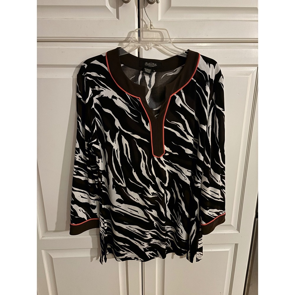 Peck & Peck Zebra Print Tunic Top Brown White Coral Trim 3/4 Sleeve Size 14